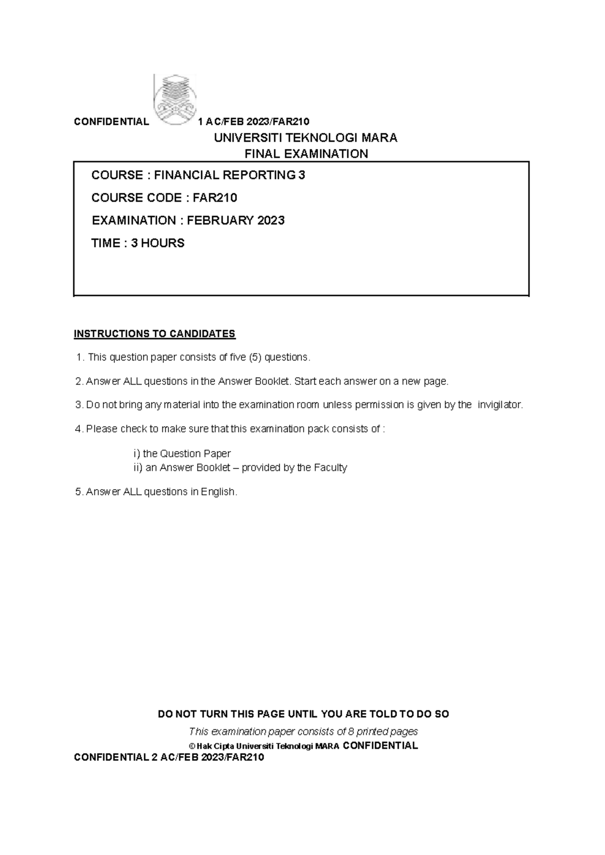 FAR210 Final Exam Feb 2023: Financial Reporting 3 Questions & Answers ...