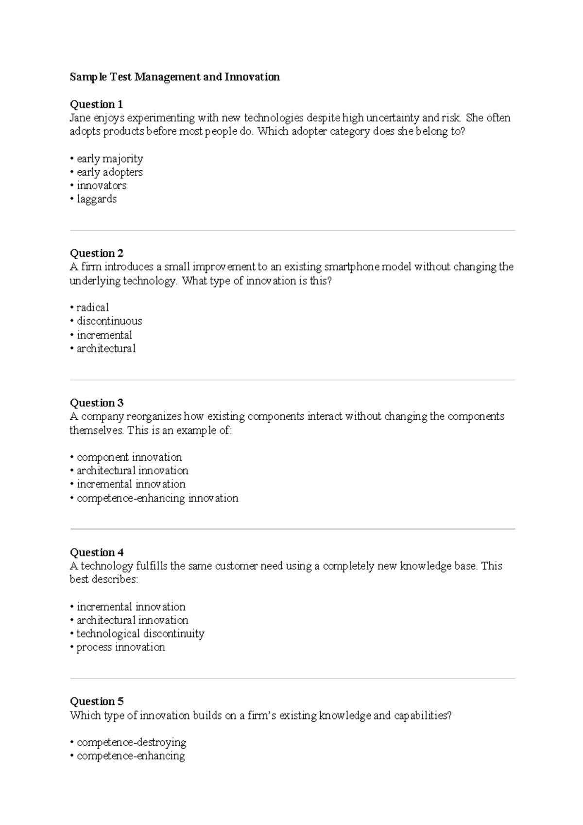 Management and Innovation Sample Test Questions (MI 101) - Document Preview