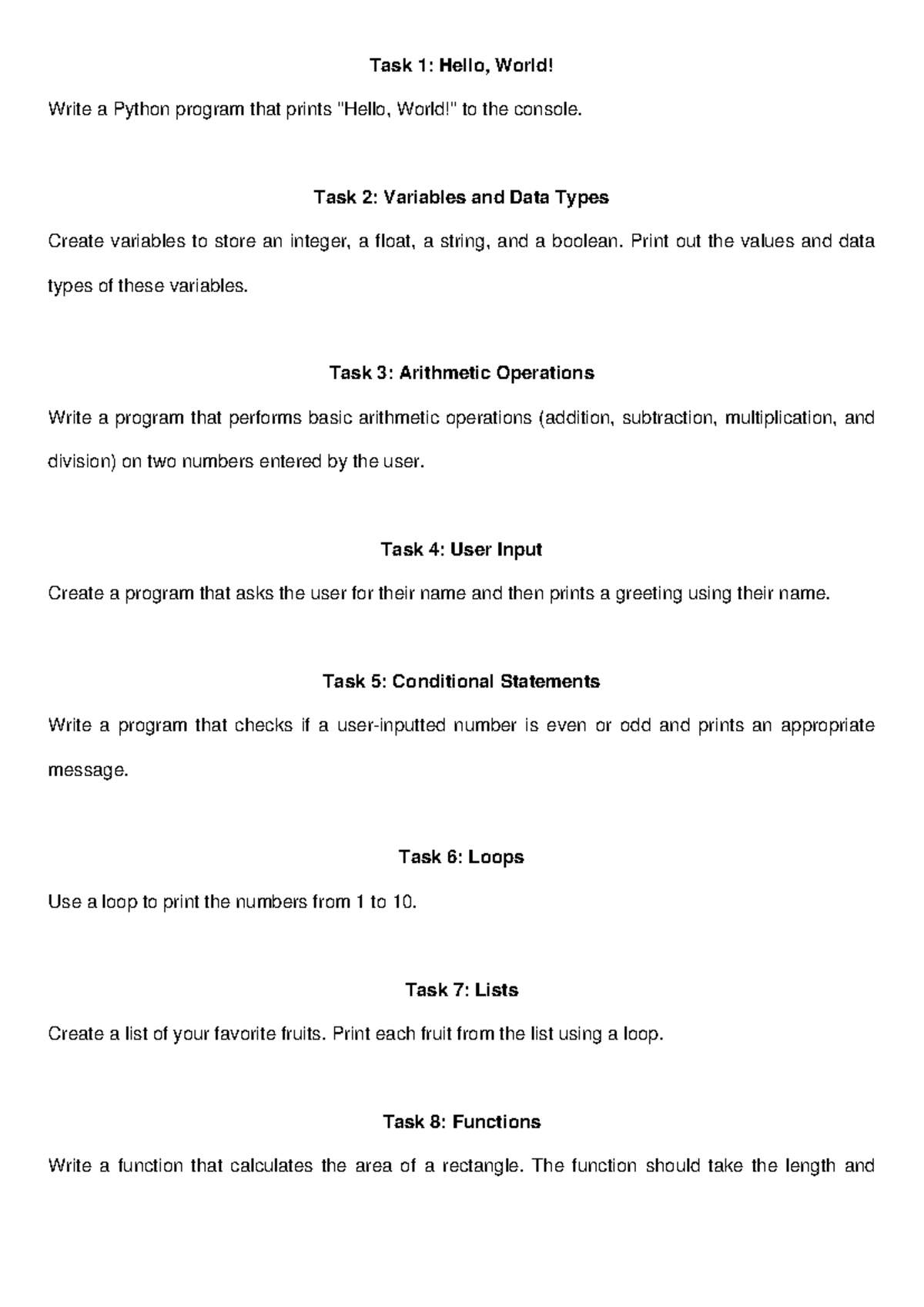 Python Lista 1: Intro to Programming Tasks and Exercises - Studocu