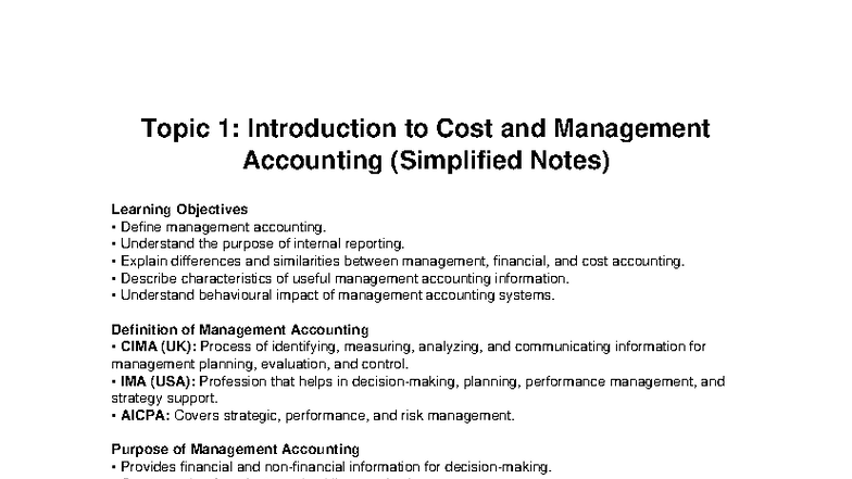 Cost & Management Accounting 101: Simplified Notes & Key Concepts - Studocu