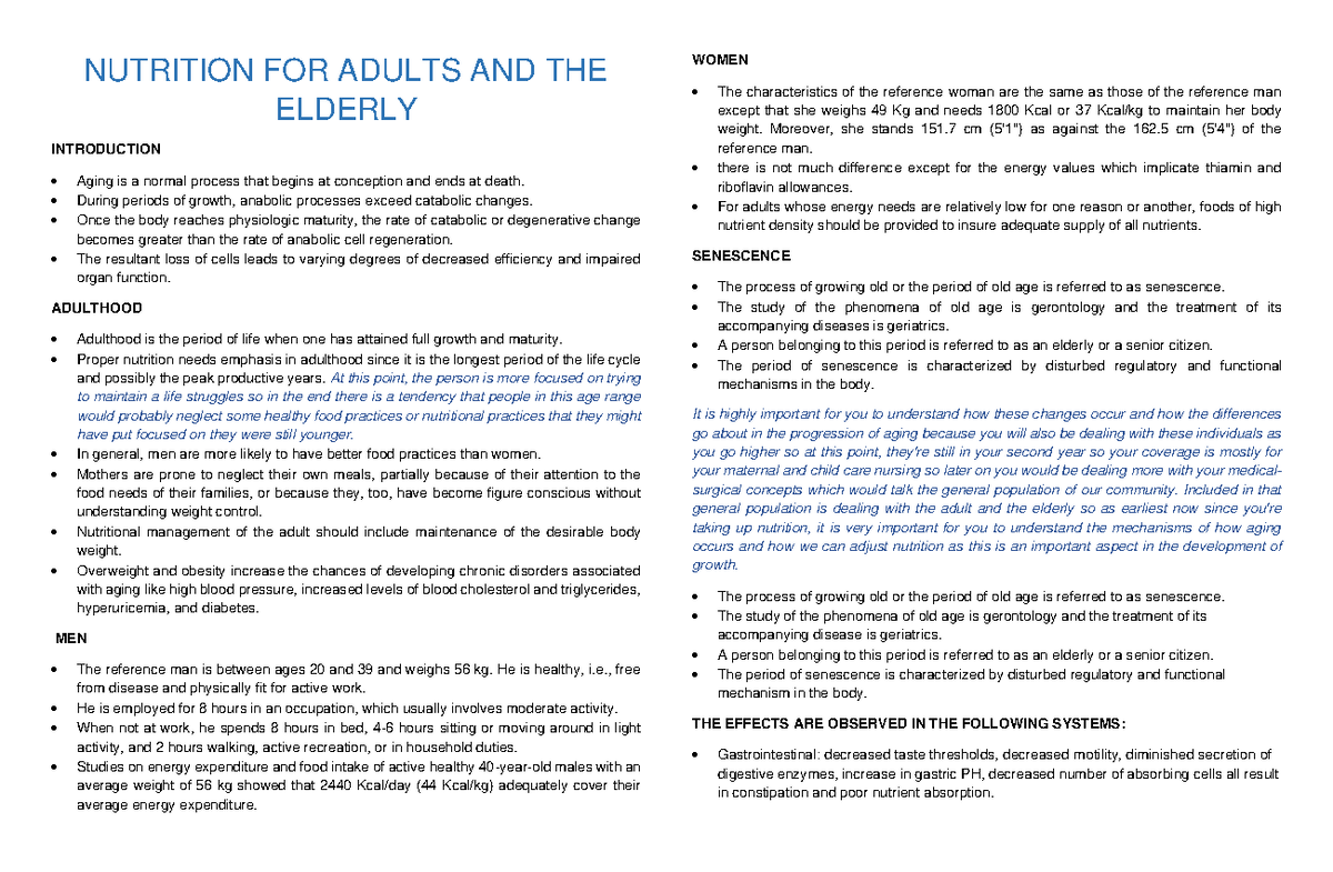 Nutrition for Adults and the Elderly: Key Insights and Guidelines - Studocu