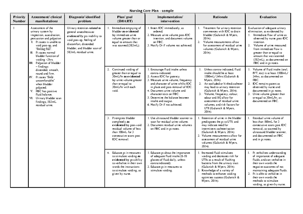 Nursing Care Plan for Urinary Retention - Sample 2 - Studocu