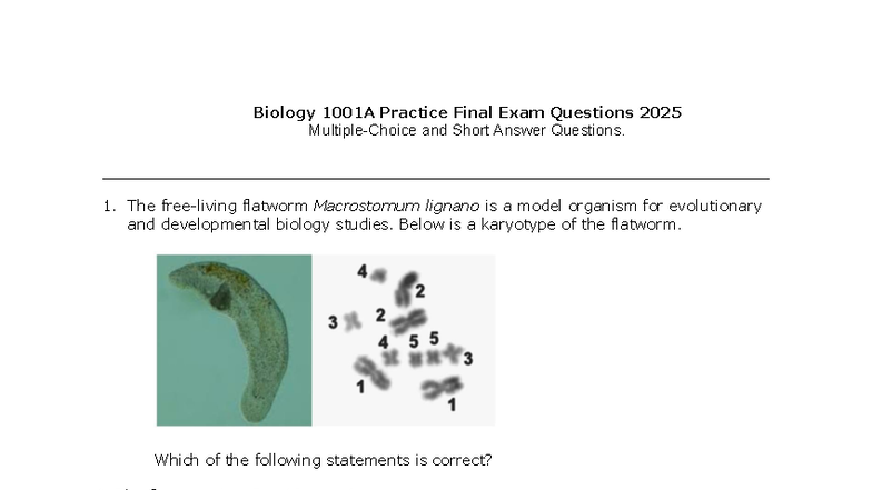 Biology 1001A Practice Final Exam Questions & Short Answers 2025 - Studocu
