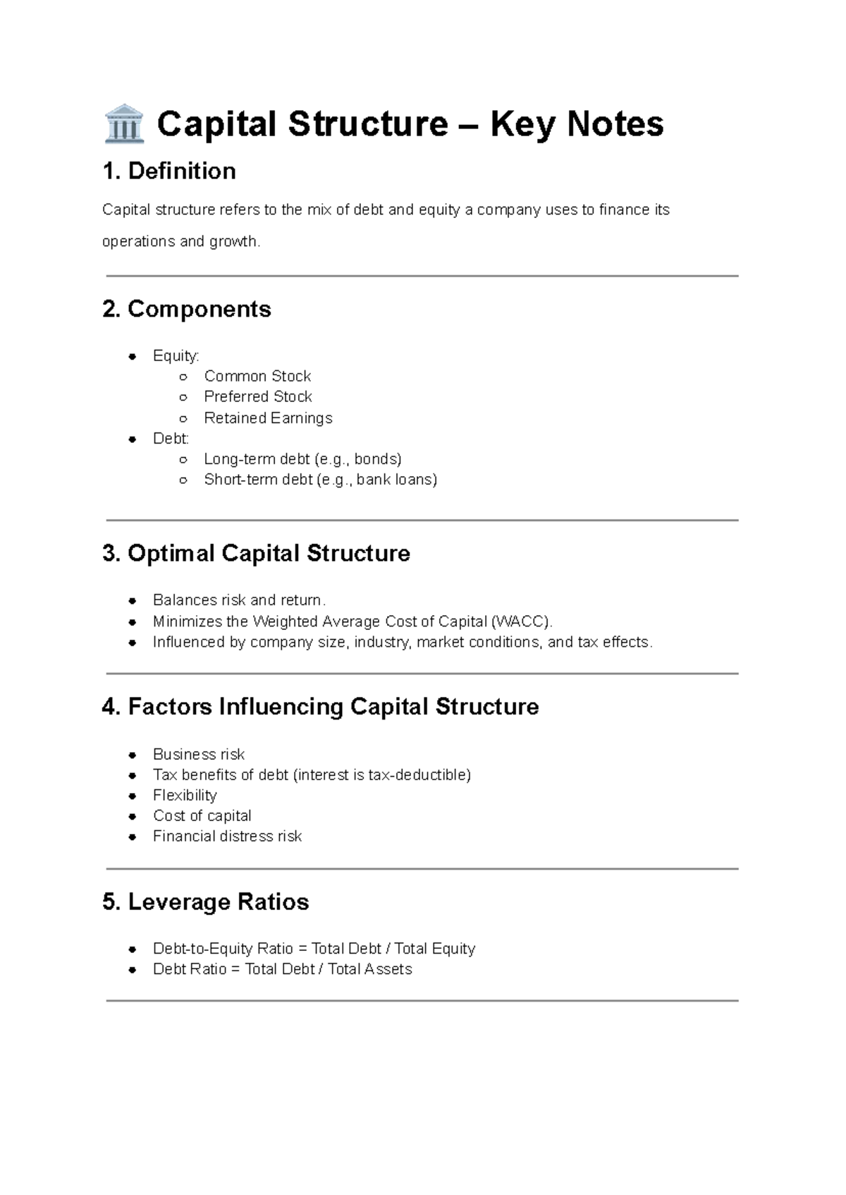 Capital Structure - Financial Market Notes - 🏛 Capital Structure – Key ...