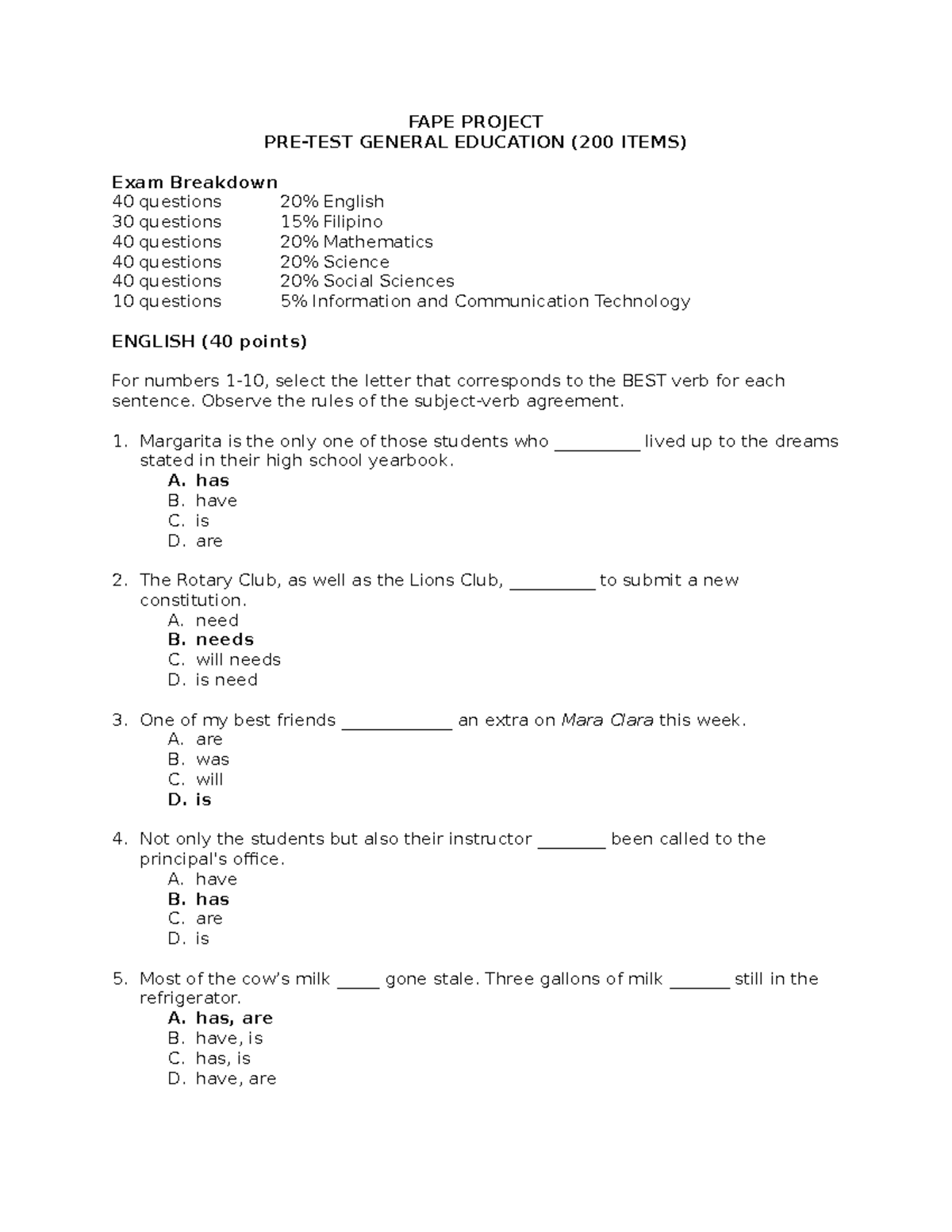 PRE-TEST GE: General Education Exam (200 Items) for All Subjects - Studocu