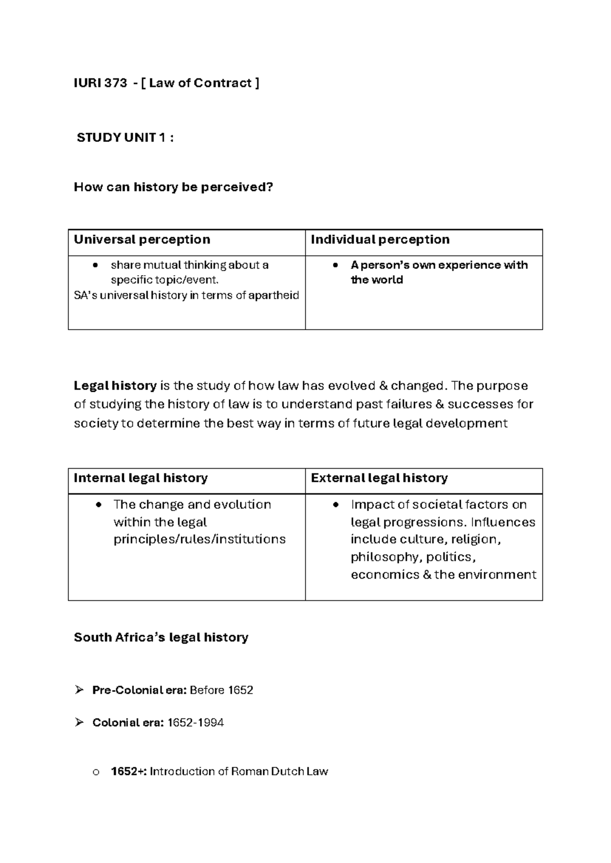 IURI 373 Law of Contract Study Unit 1: Historical Perspectives on Legal ...