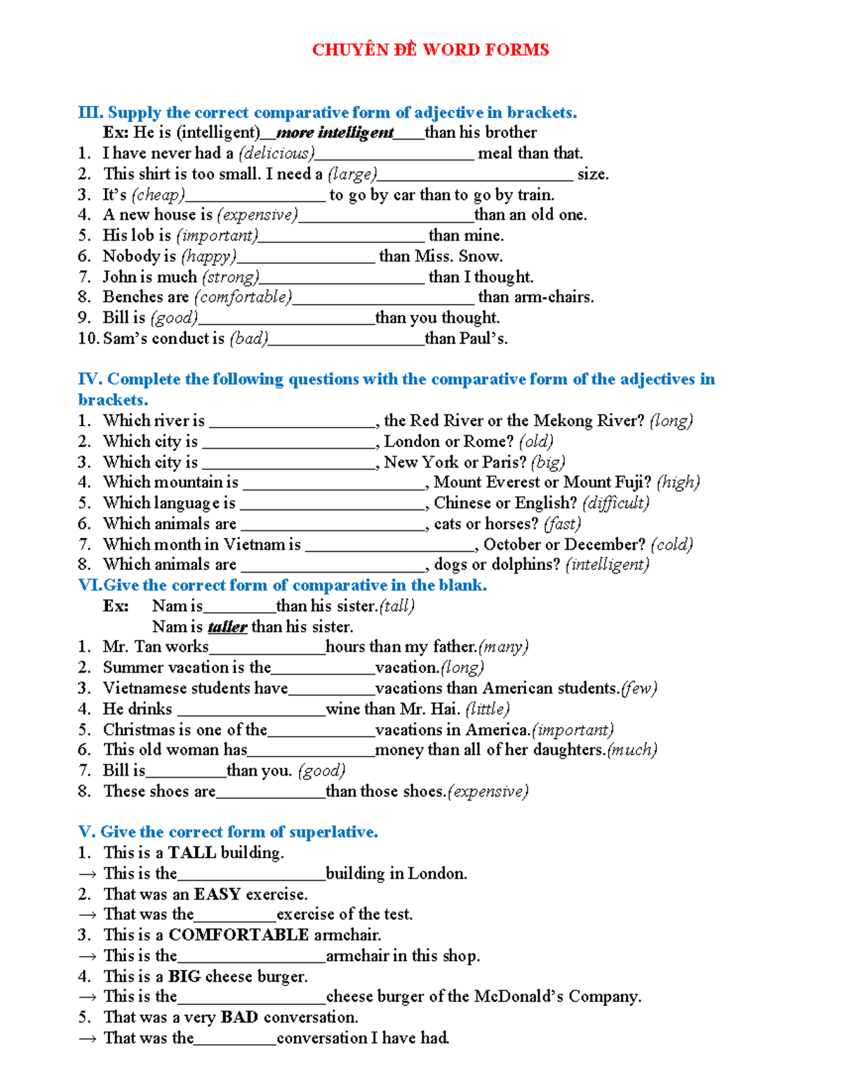 CHUYÊN ĐỀ WORD FORMS: Comparative and Superlative Adjectives - Studocu