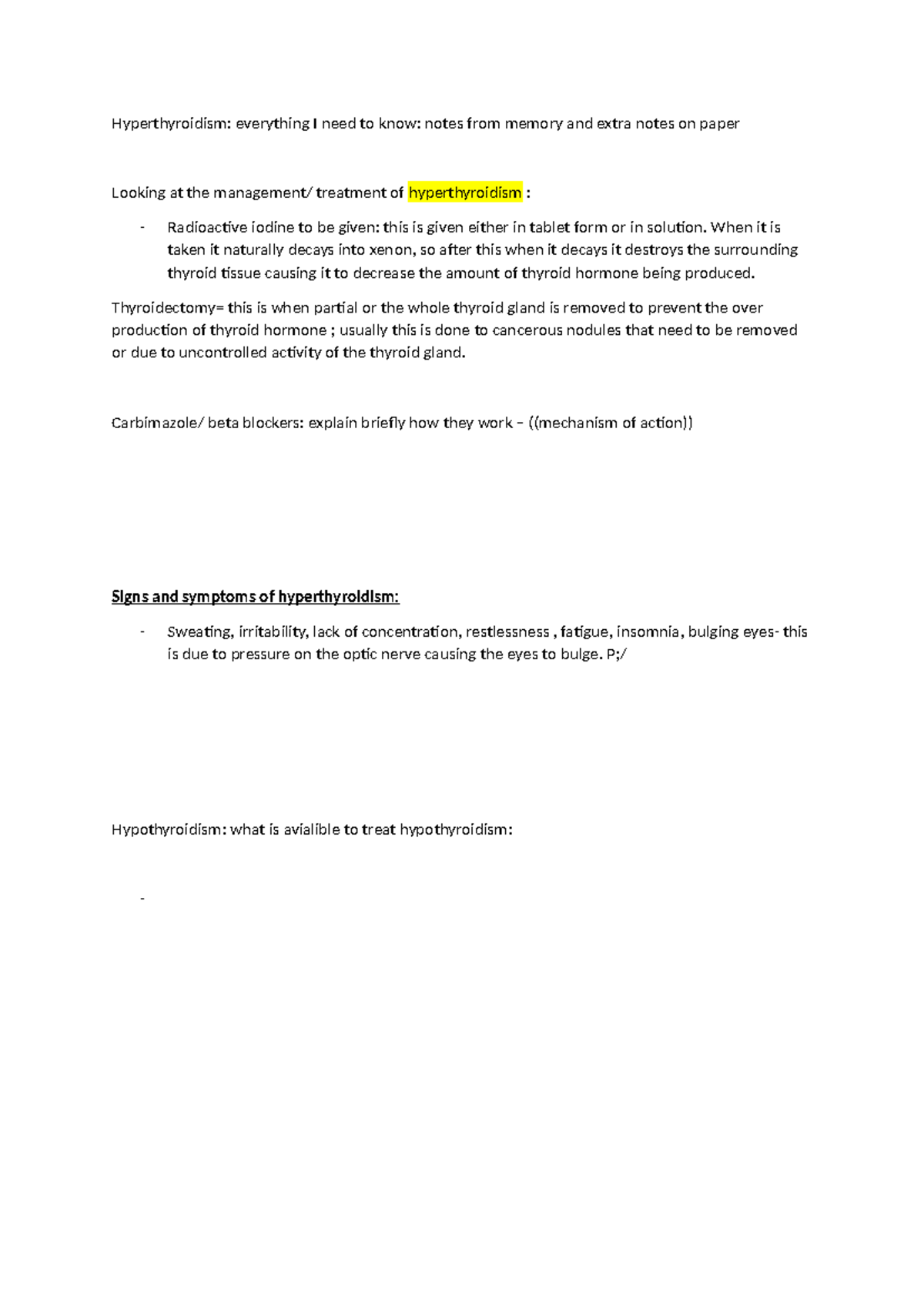 Hyperthyroidism Treatment Overview & Key Notes for N/A - Studocu