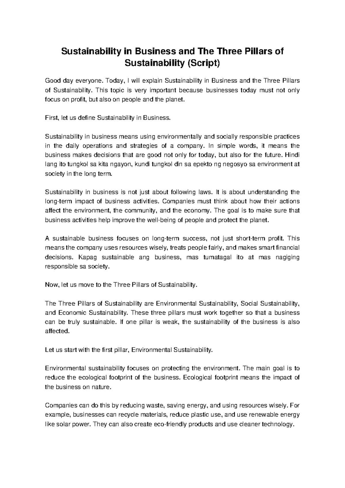 Sustainability in Business: The Three Pillars Explained (Script) - Studocu