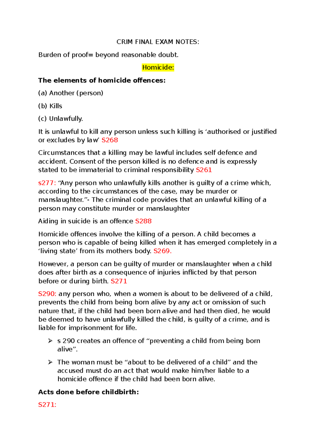 CRIM 101 FINAL EXAM NOTES: Homicide Elements and Legal Causation - Studocu