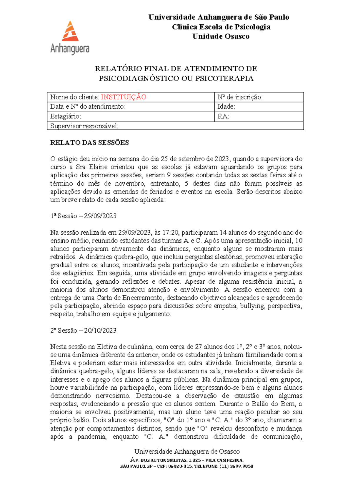 Modelo Relatório Final Estágio - Universidade Anhanguera de São Paulo ...