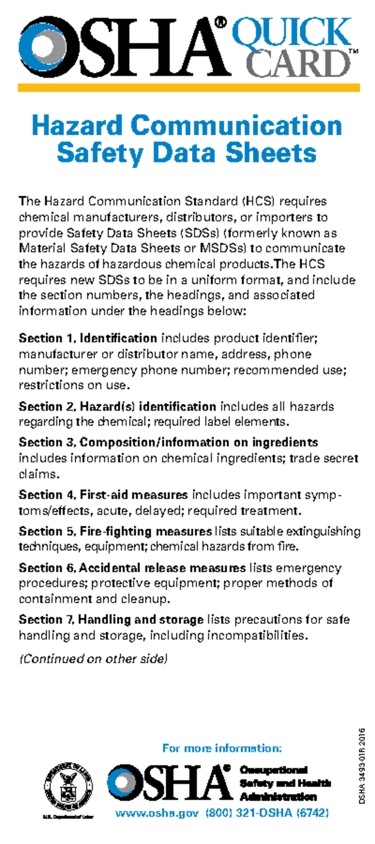 OSHA 3493 Safety Data Sheet: Hazard Communication Quick Card - Studocu