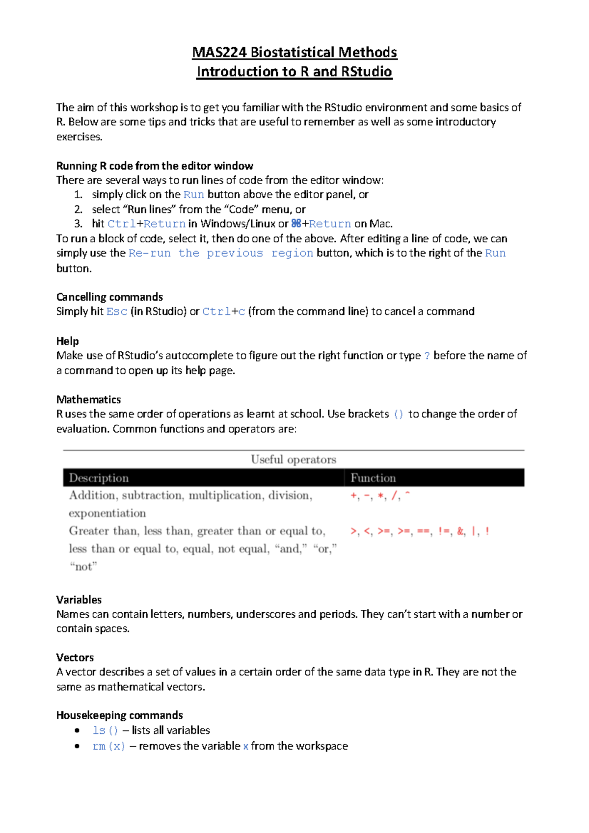Workshop 1 - MAS224 Biostatistical Methods Introduction to R and ...