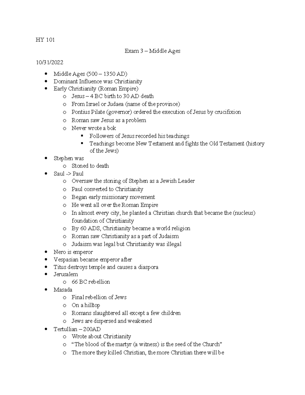 HY-101 Exam 3 - Notes on the Middle Ages and Crusades - Studocu
