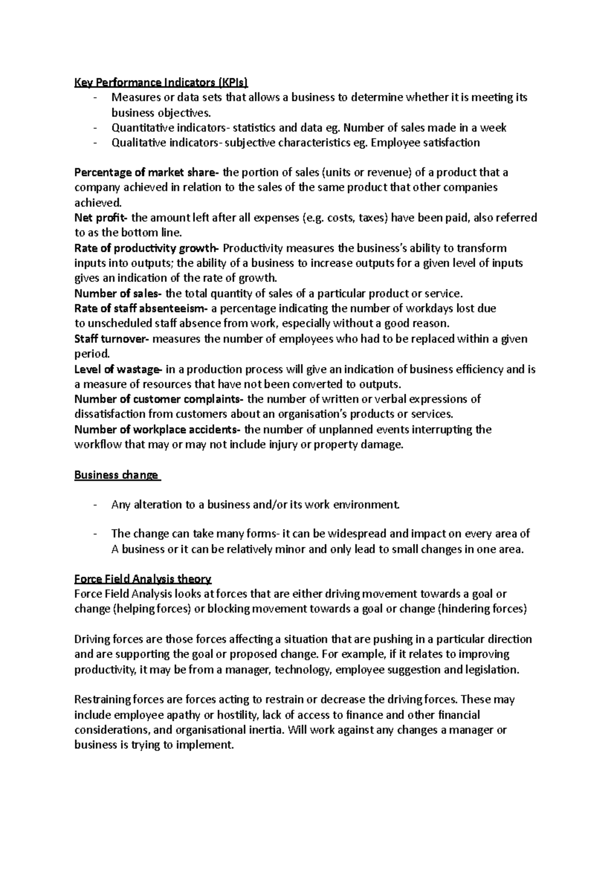 Business Notes: Unit 4 AOS 1 - Key Performance Indicators & Change ...