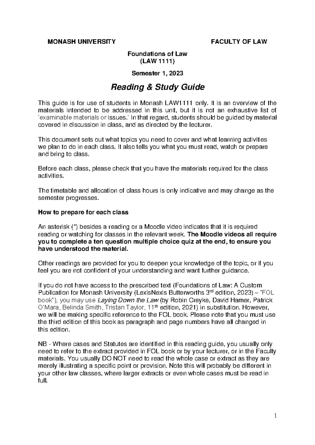 LAW 1111 Foundations of Law Reading & Study Guide - Semester 1 2023 ...