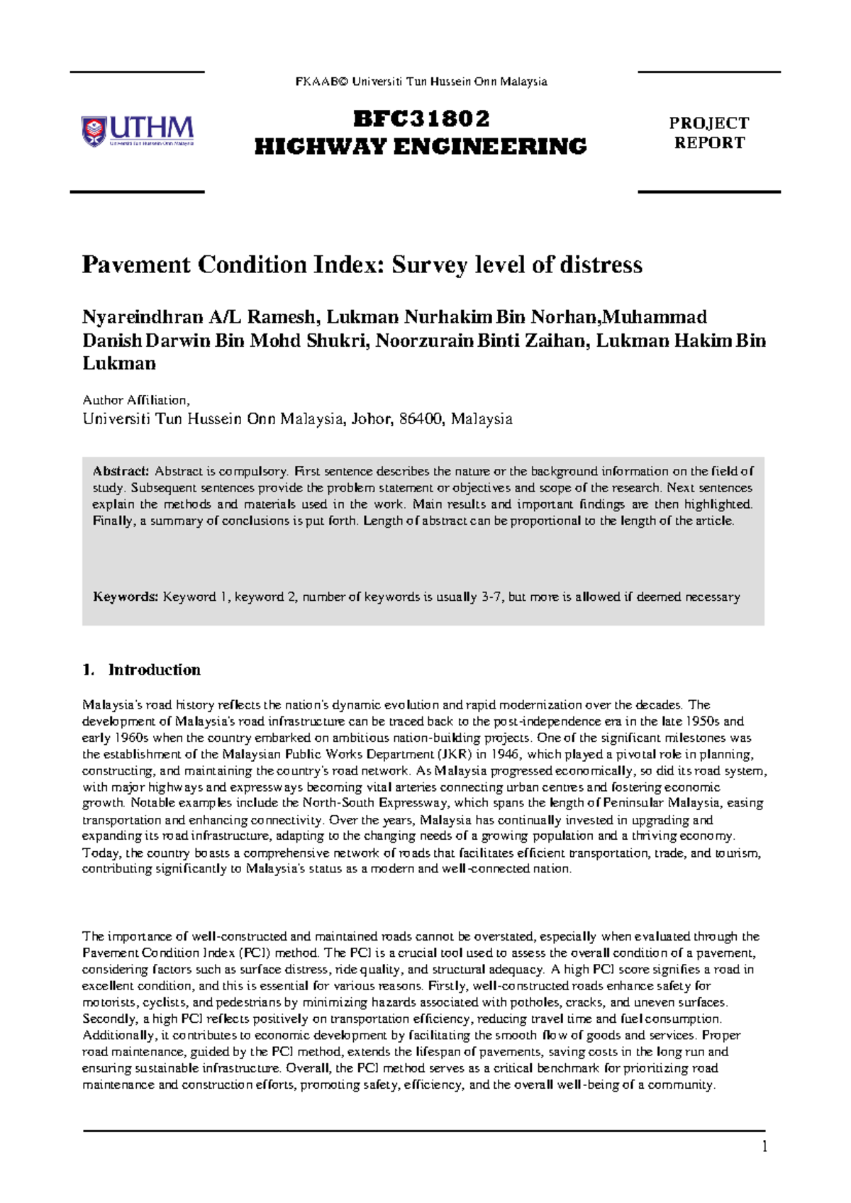 BFC31802 Highway Engineering Project Report: Pavement Condition Index ...