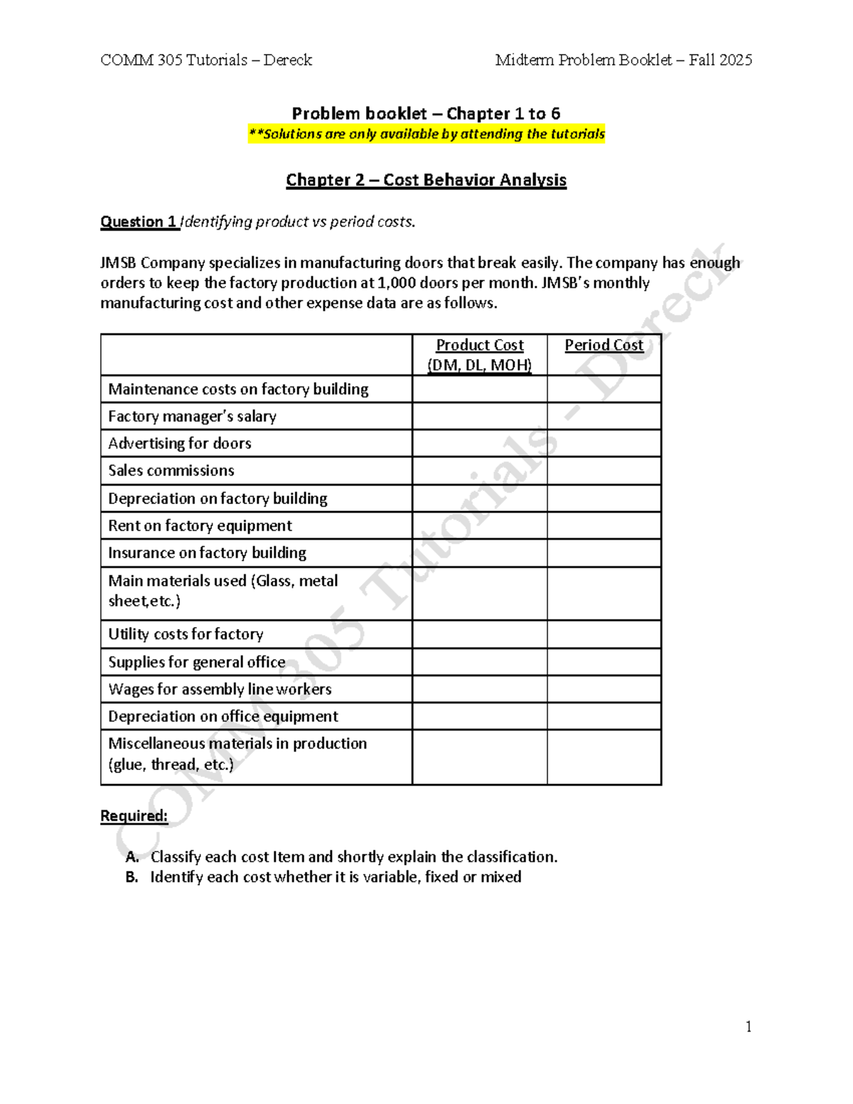 COMM 305 Dereck Midterm Problem Booklet Fall 2025: Cost Analysis ...