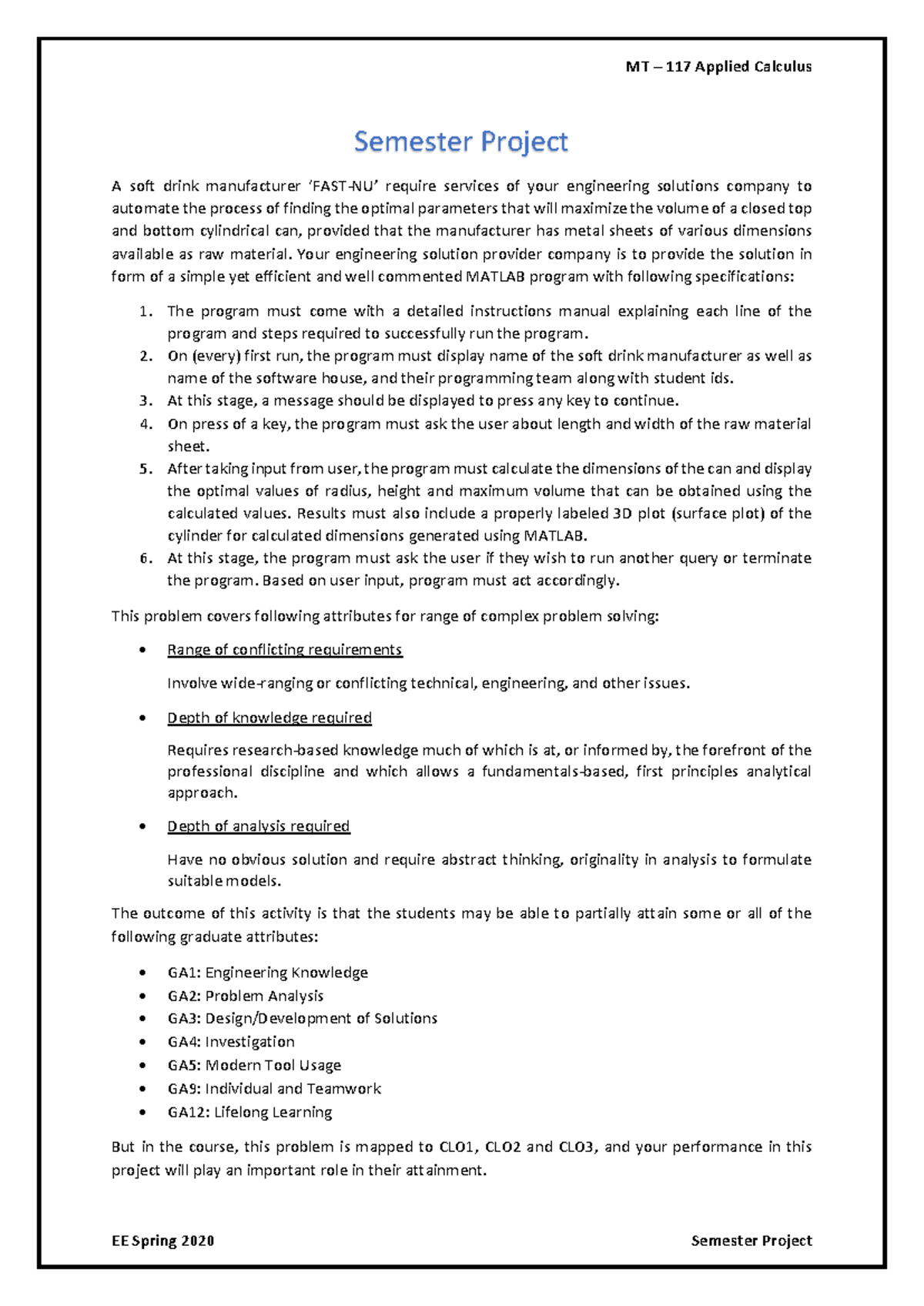 EE MT117 Applied Calculus Semester Project Report - Spring 2020 - Studocu