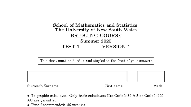 Bridging Course Math Class Test 1 - Summer 2020 Solutions - Studocu