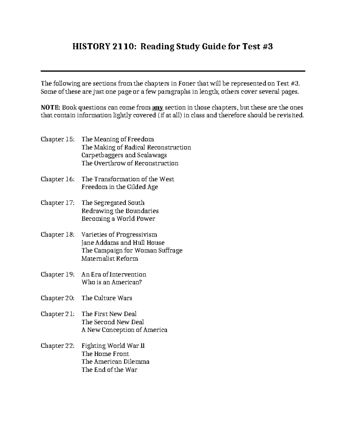 HISTORY 2110: Study Guide for Test #3 on Reconstruction & Reform - Studocu
