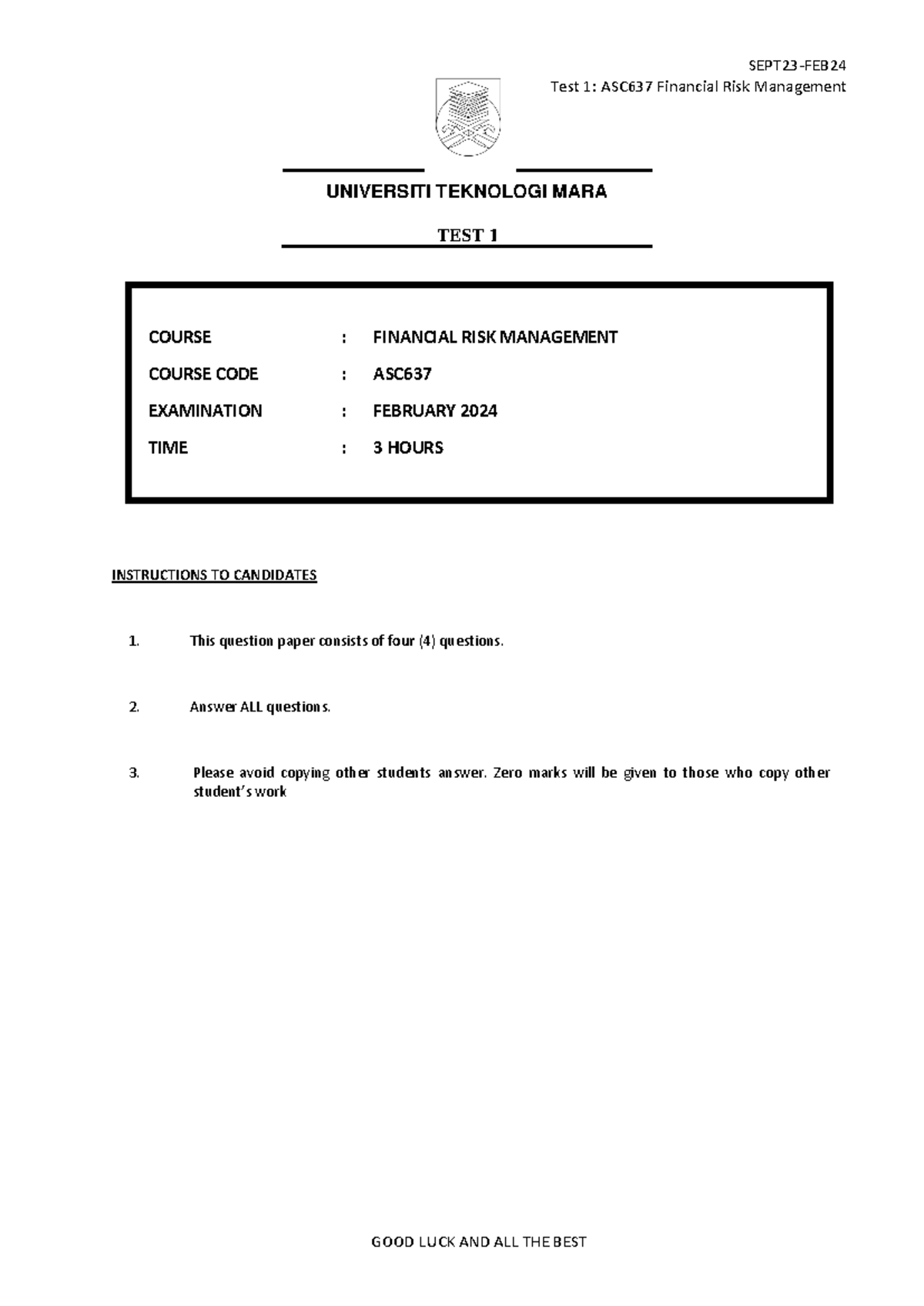 Test 1 ASC637 - Financial Risk Management Examination Questions - Studocu