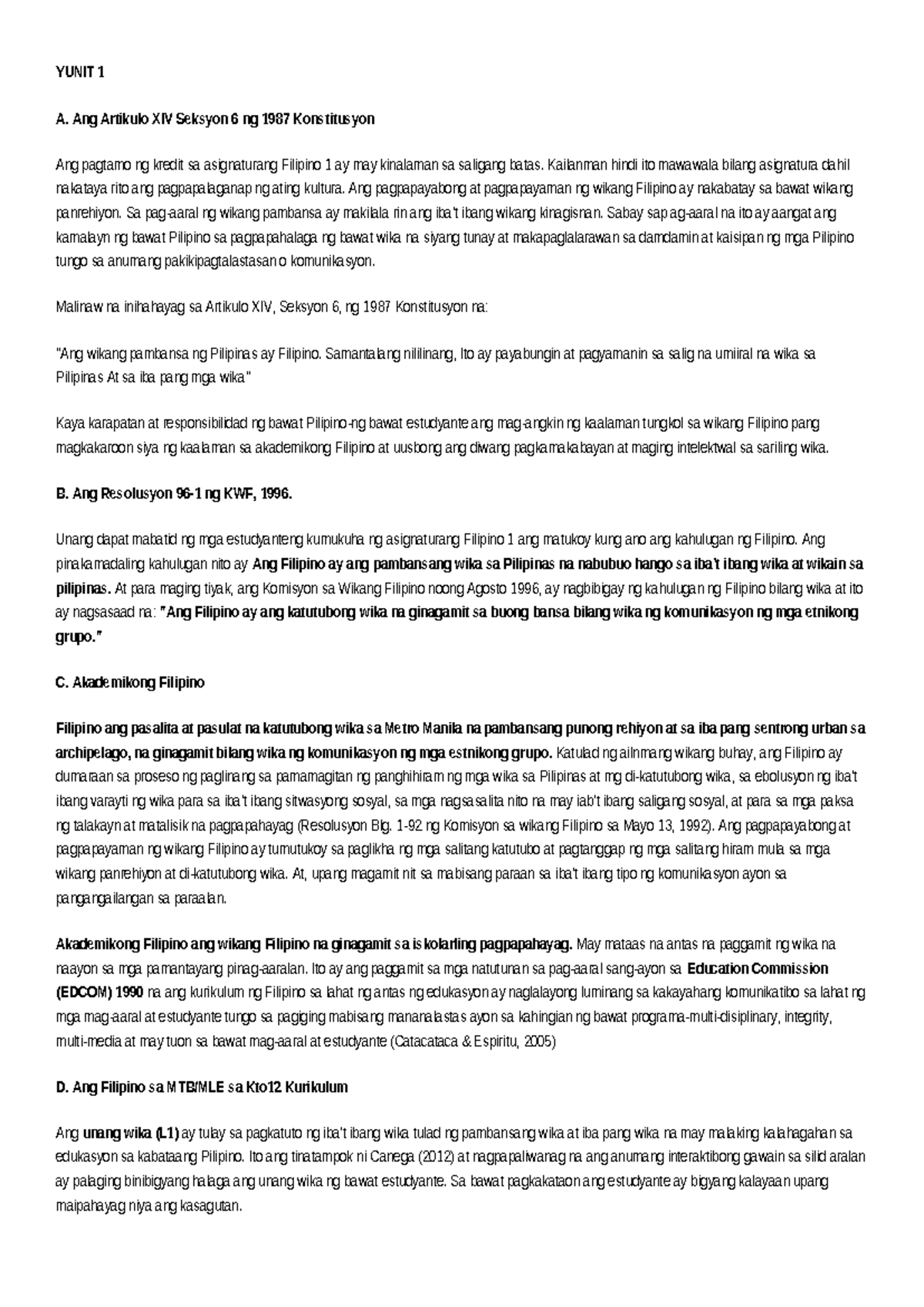 YUNIT 1: Mga Dapat Malaman Tungkol sa Wikang Filipino - LESSON 1 - Studocu