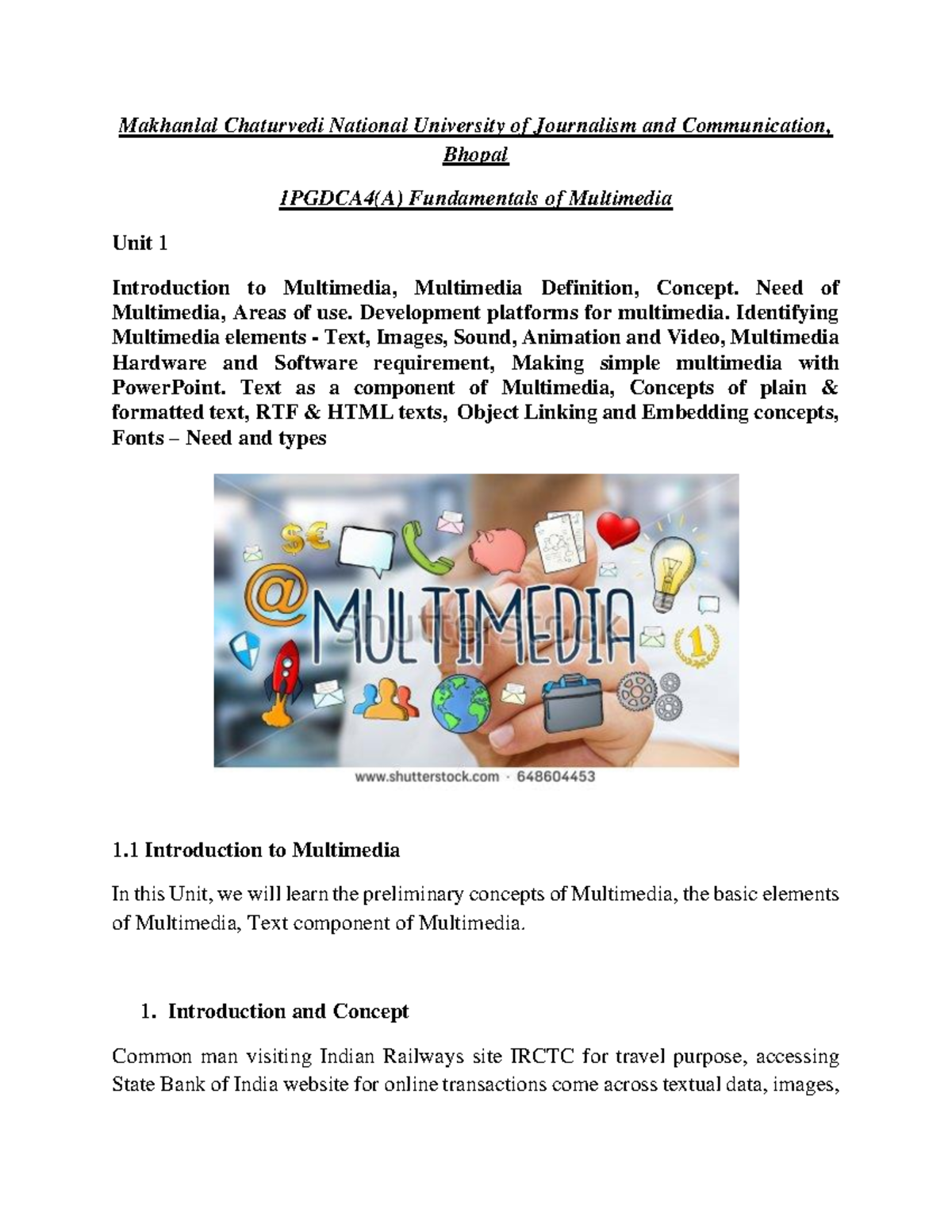 Fundamentals of Multimedia - PGDCA4(A) Unit 1 Overview and Elements ...