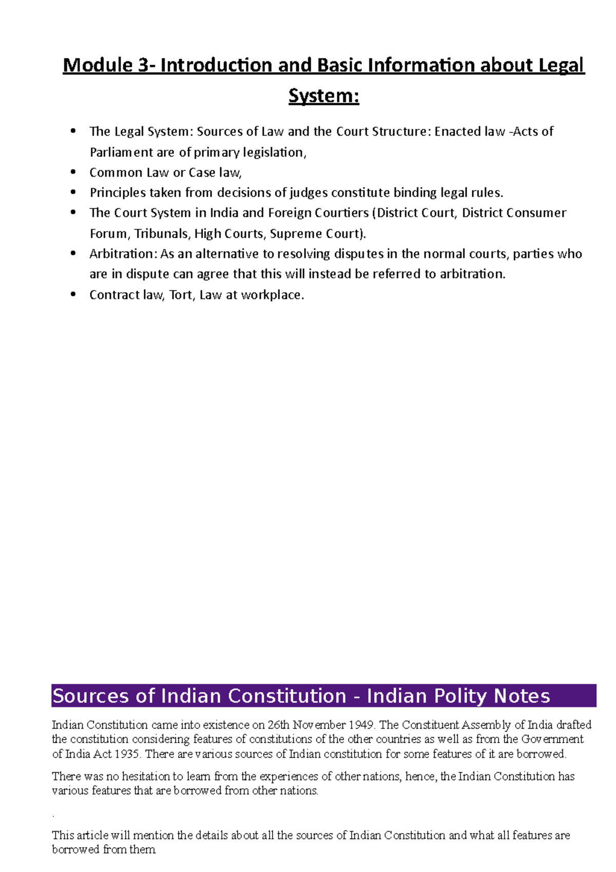 Unit Lecture Notes: Constitution of India, Legal System