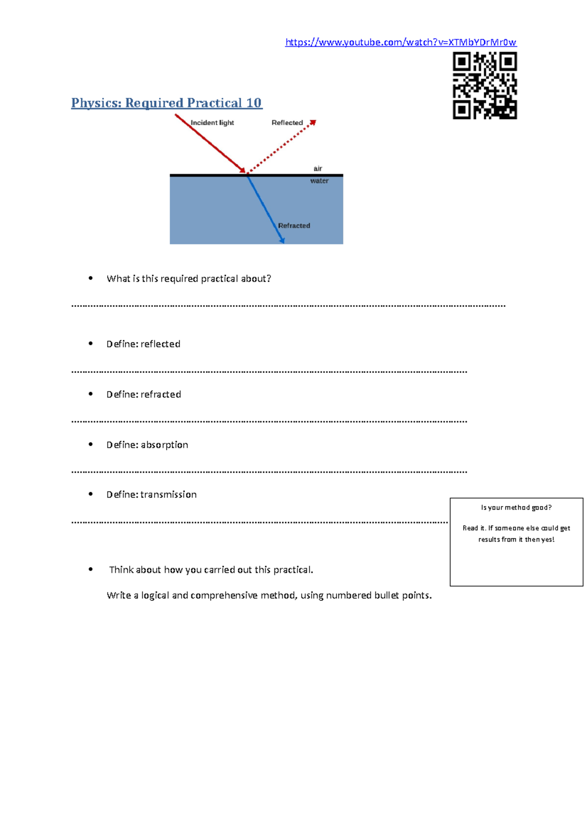 P10 - Reflection and Refraction of Light Practical Guide - Studocu