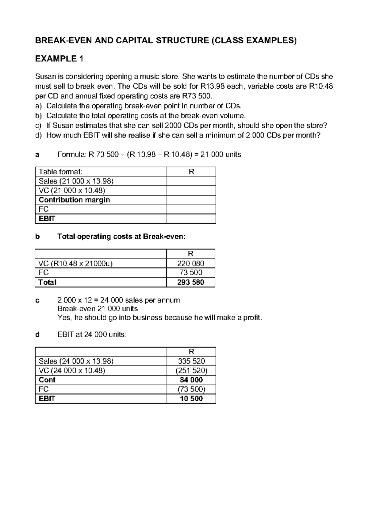 Break-even Analysis and Capital Structure (Class Examples) - Studocu