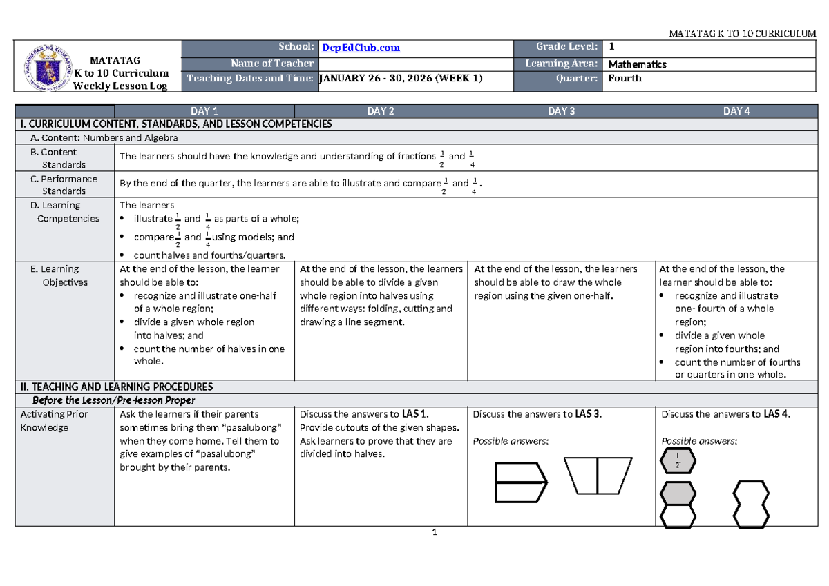 MATATAG K to 10 Curriculum: Week 1 Lesson Plan for Grade 1 Math - Studocu
