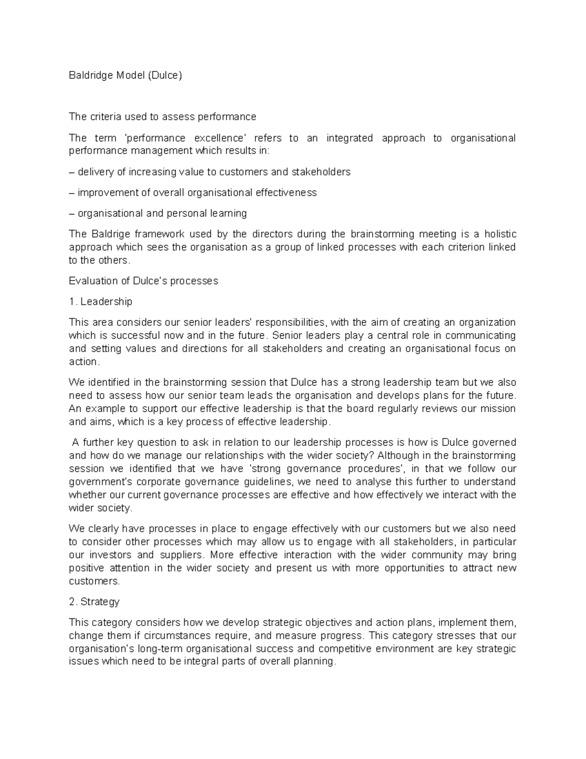 SBL Answers for Baldrige Model Assessment and Board Advisory Notes ...