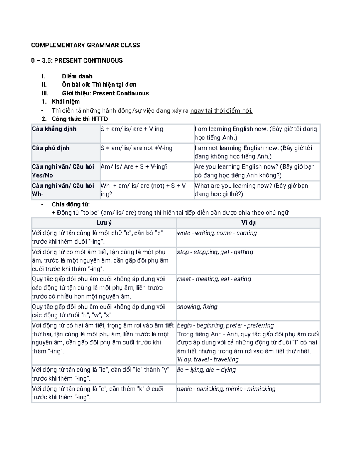 COMPLEMENTARY GRAMMAR CLASS 03.5: PRESENT CONTINUOUS NOTES - Studocu