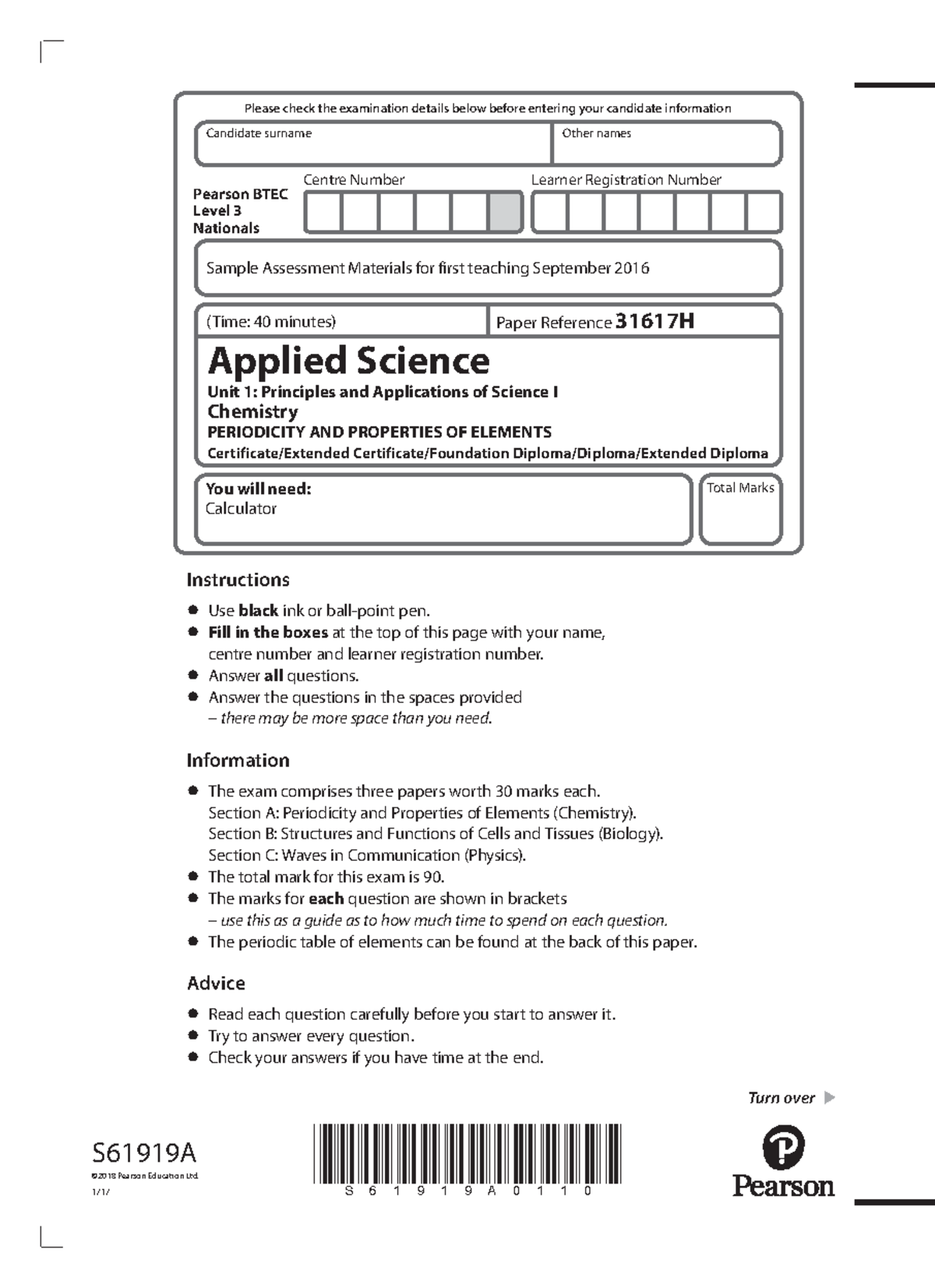 BTEC Level 3 Applied Science Unit 1 Chemistry Assessment Materials ...