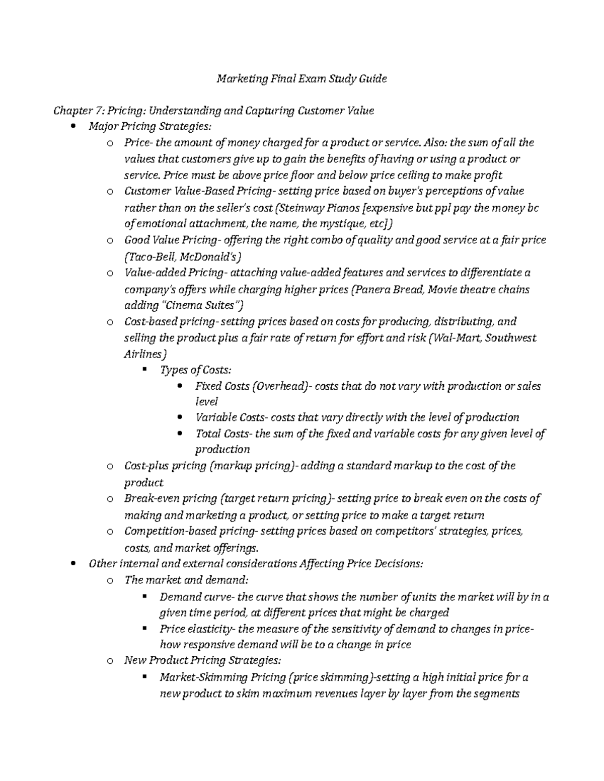 Icore Marketing Mktg 101 Final Exam Study Guide: Pricing Strategies ...