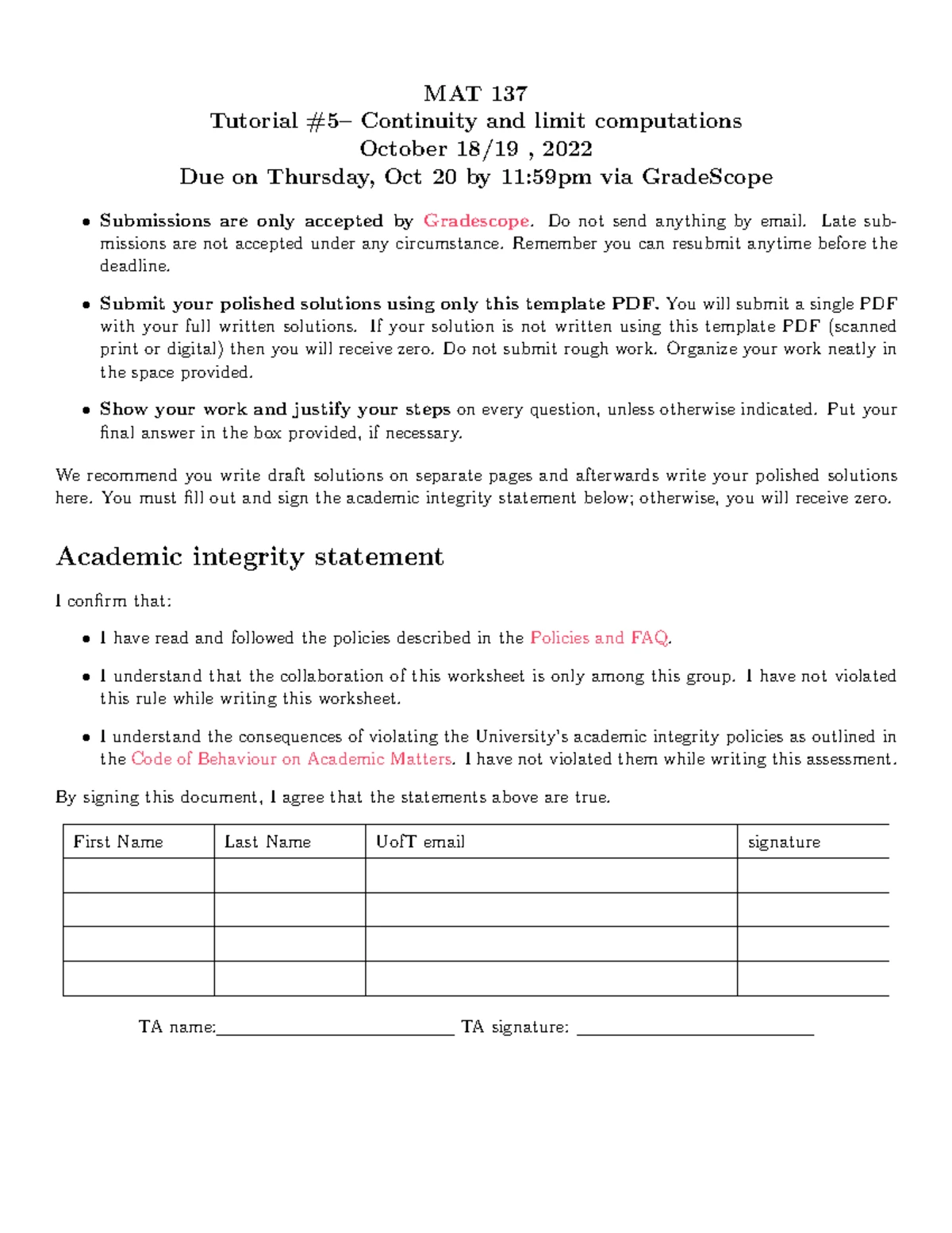 MAT 137 Tutorial: Sequences Worksheet - Feb 2025 Submission Guidelines ...