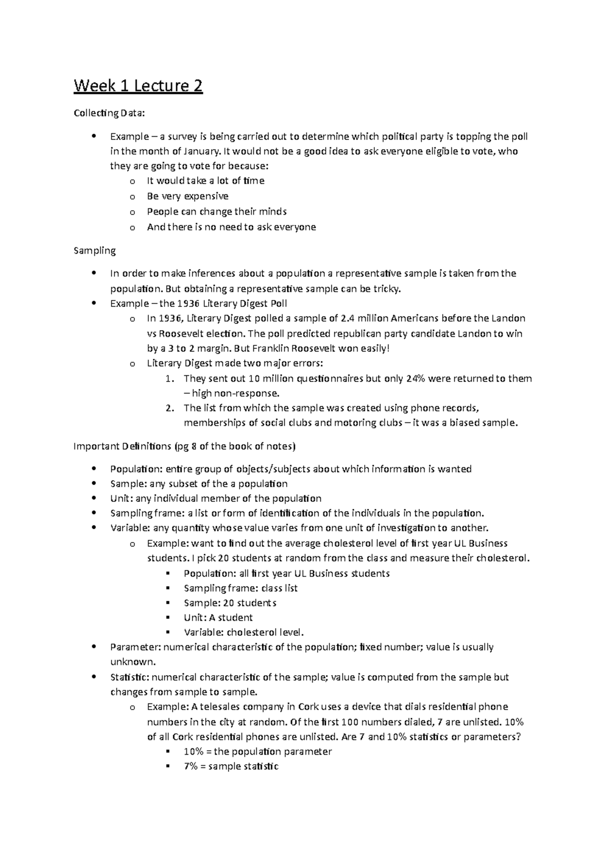 MA4114 Week 1 Lecture 2 Summary: Collecting Data in Statistics - Studocu