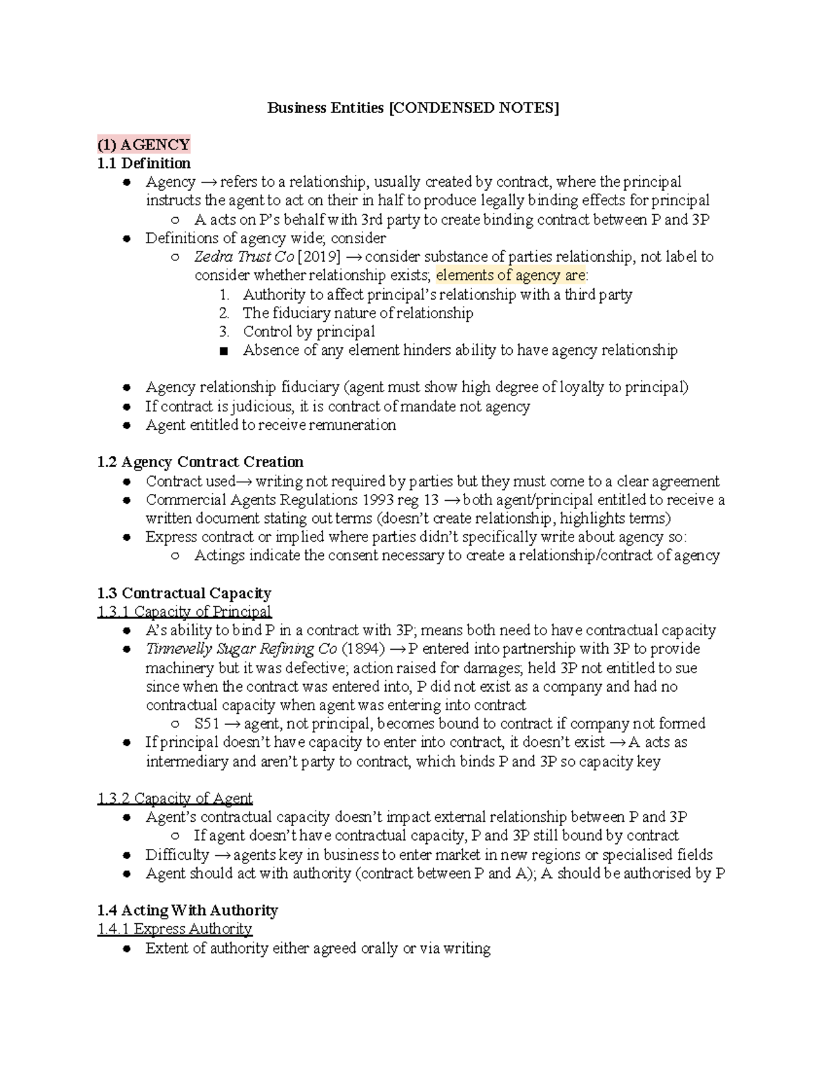 Business Entities (LAW101): Condensed Notes on Agency Relationships ...