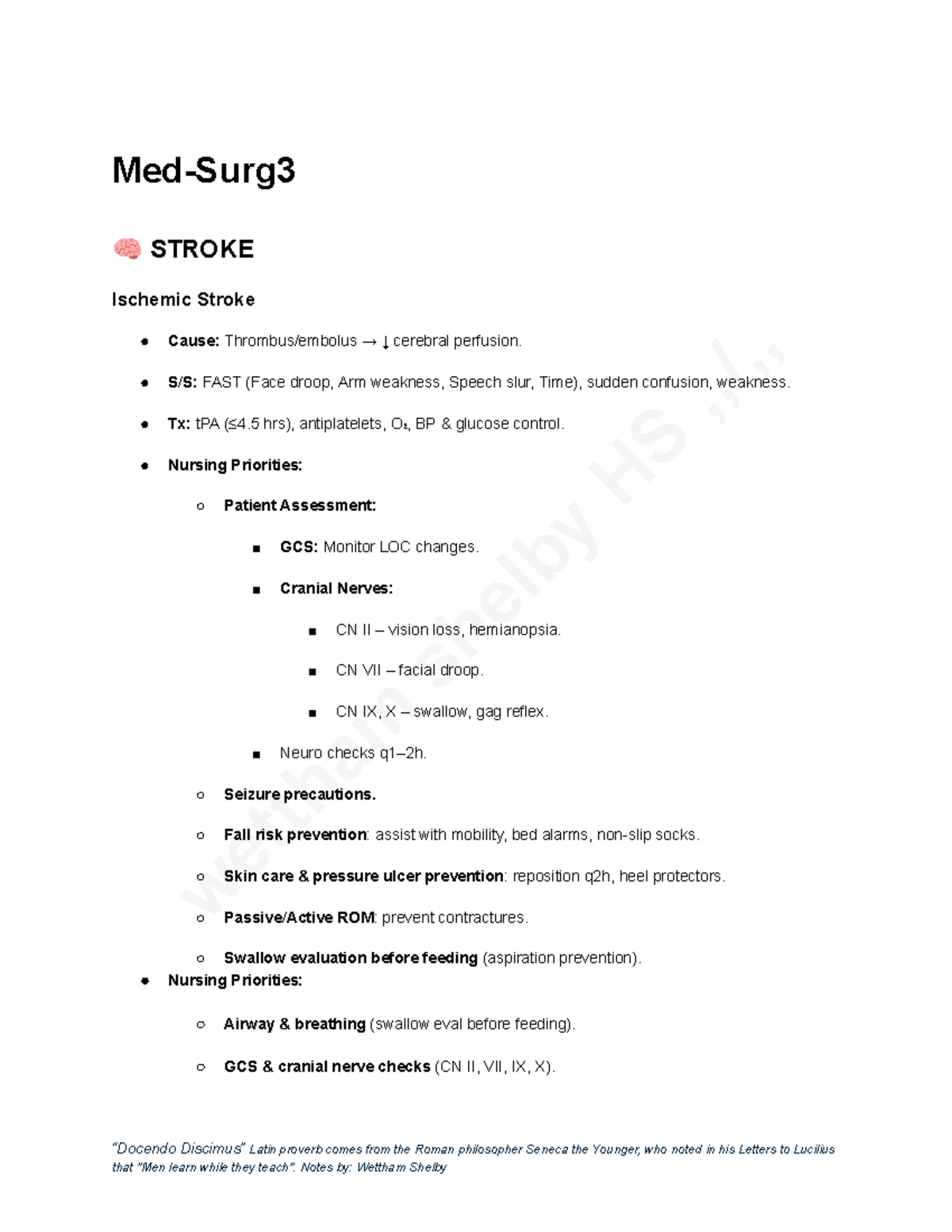 MS3 Fast Notes: Ischemic & Hemorrhagic Stroke Management Cheat Sheet - Document Preview