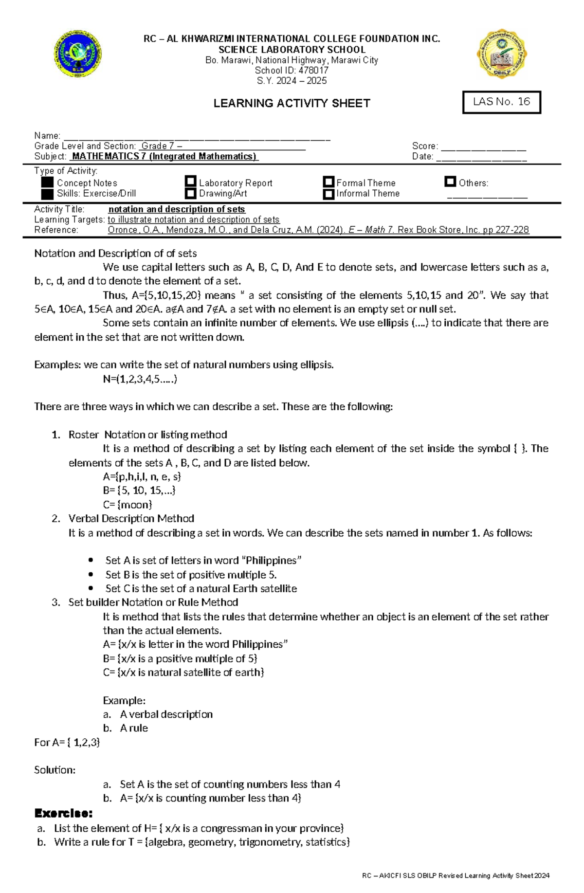 RC AKICFI SLS Math 7 Learning Activity Sheets (LAS 16-30) - Studocu