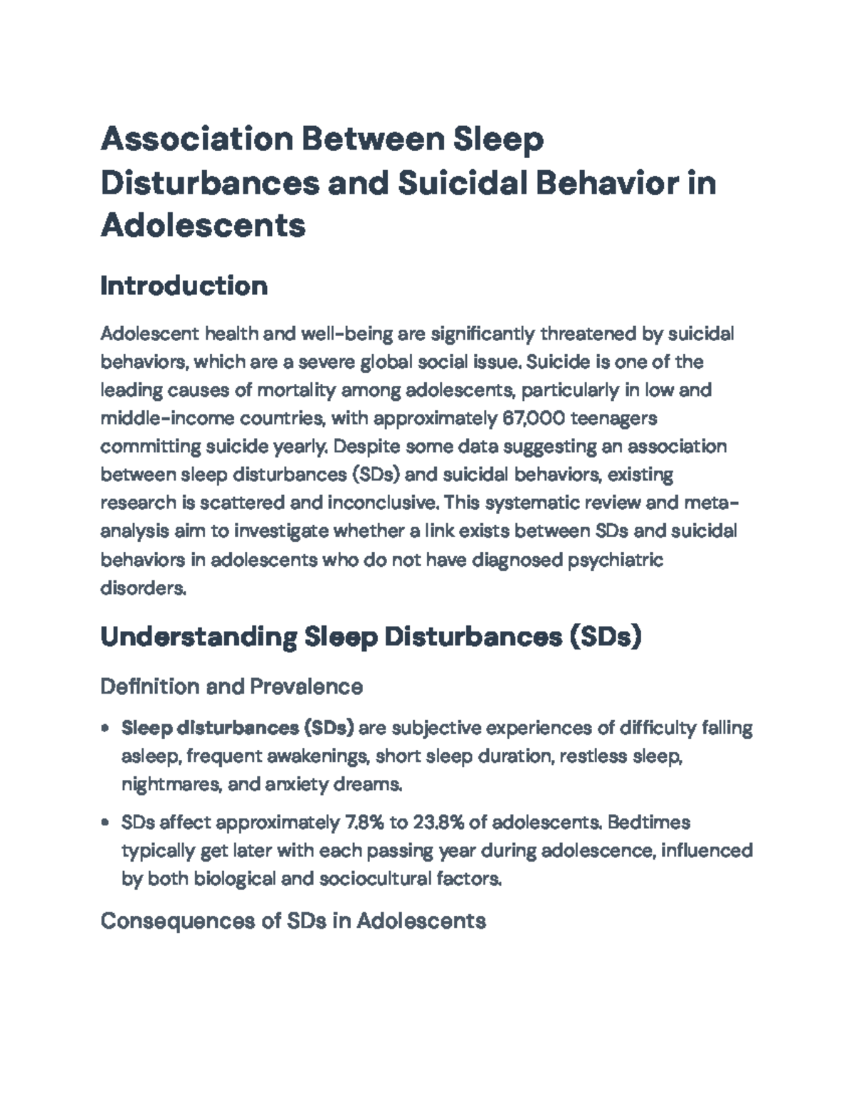Association of Sleep Disturbances & Suicidal Behavior in Adolescents ...
