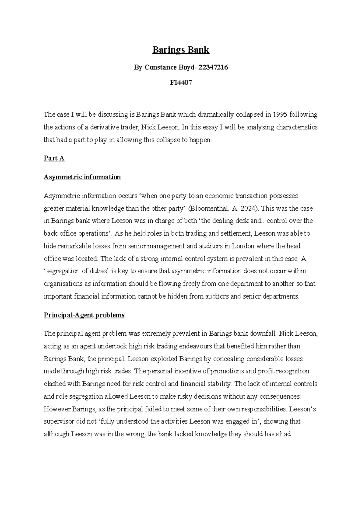FI4407 - Case Study on Barings Bank Collapse Analysis - Studocu
