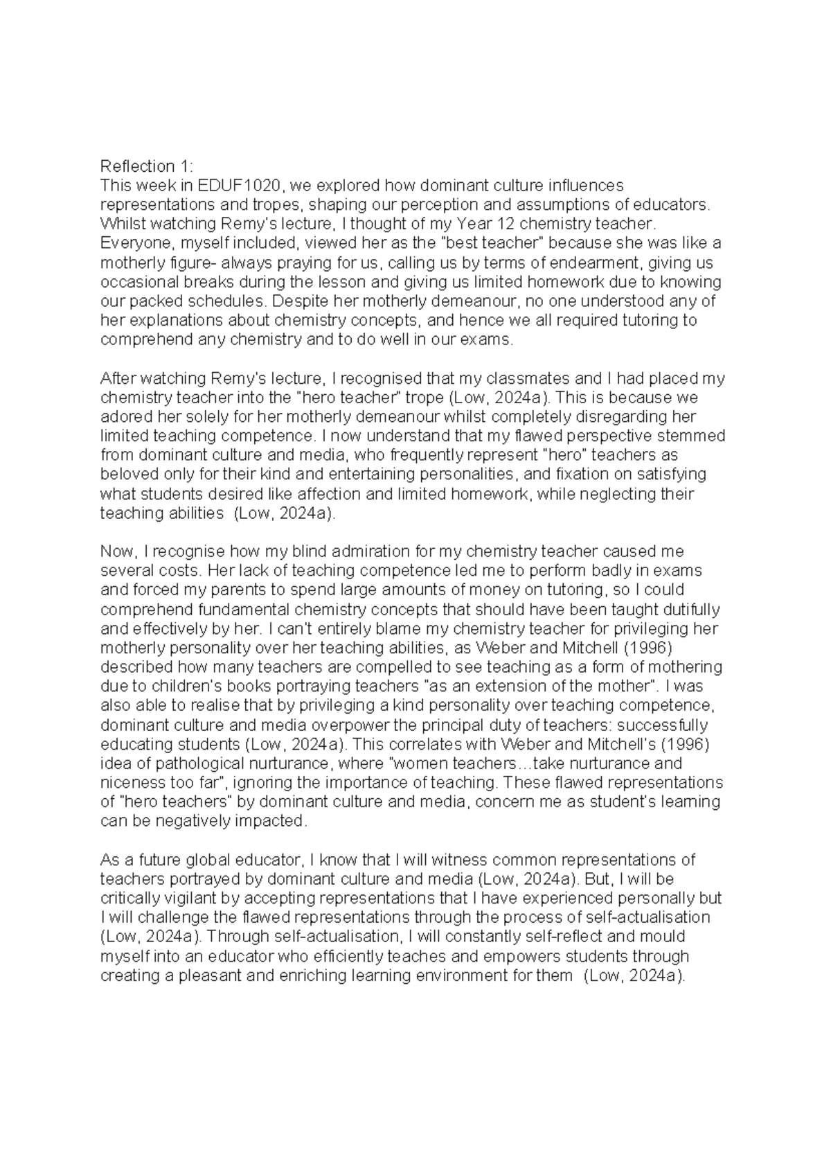 Reflections on Teaching and Learning in EDUF1020: Insights and ...