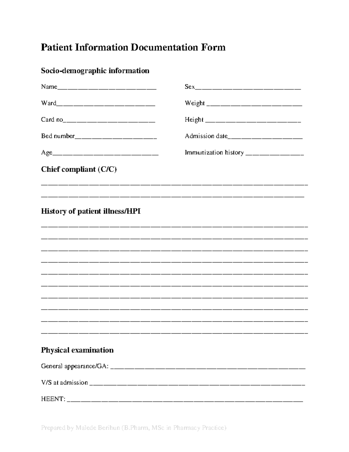 Patient information documentation form - Patient Information ...