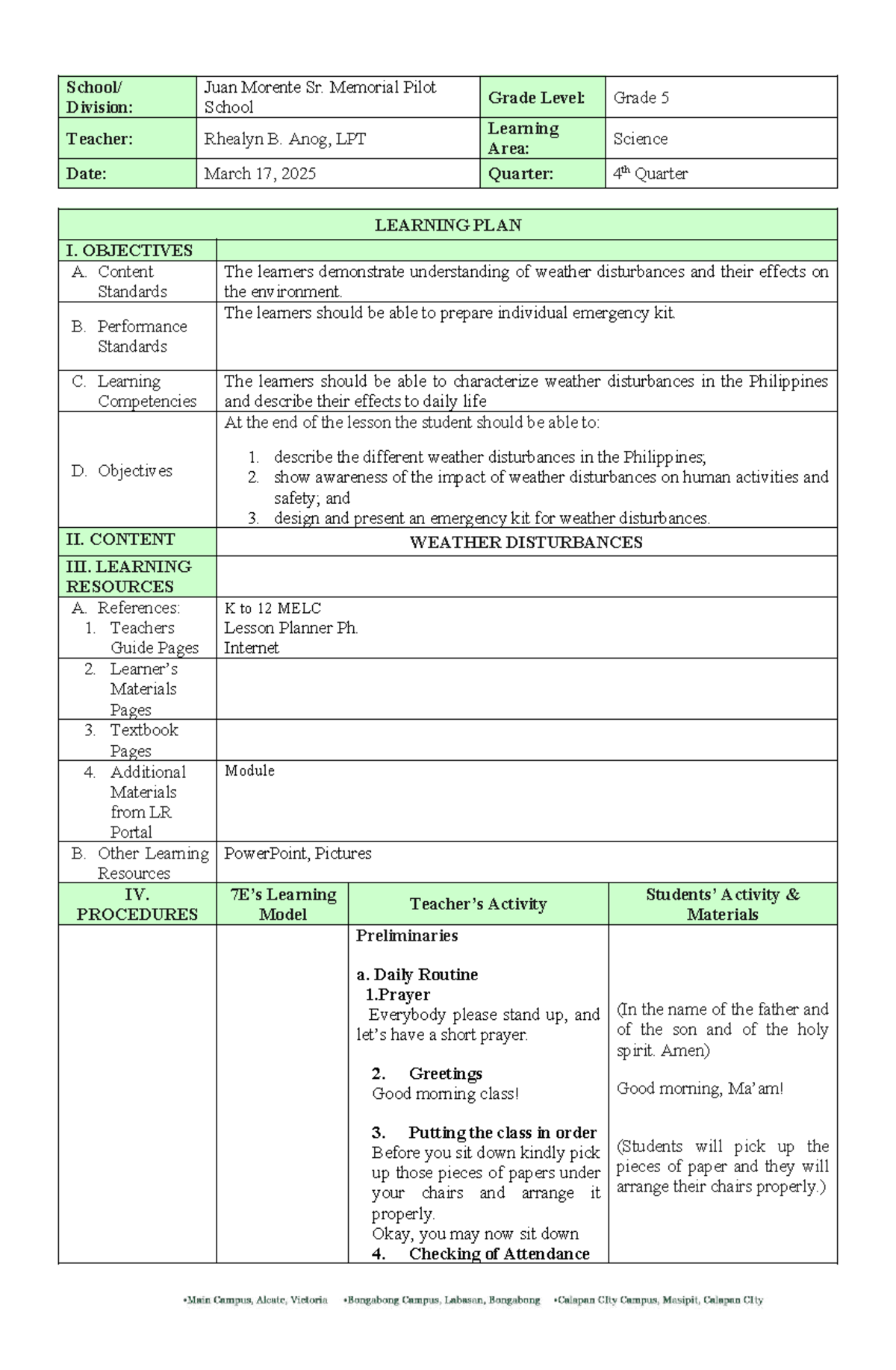 Final Learning Plan: Grade 5 Science on Weather Disturbances - Studocu