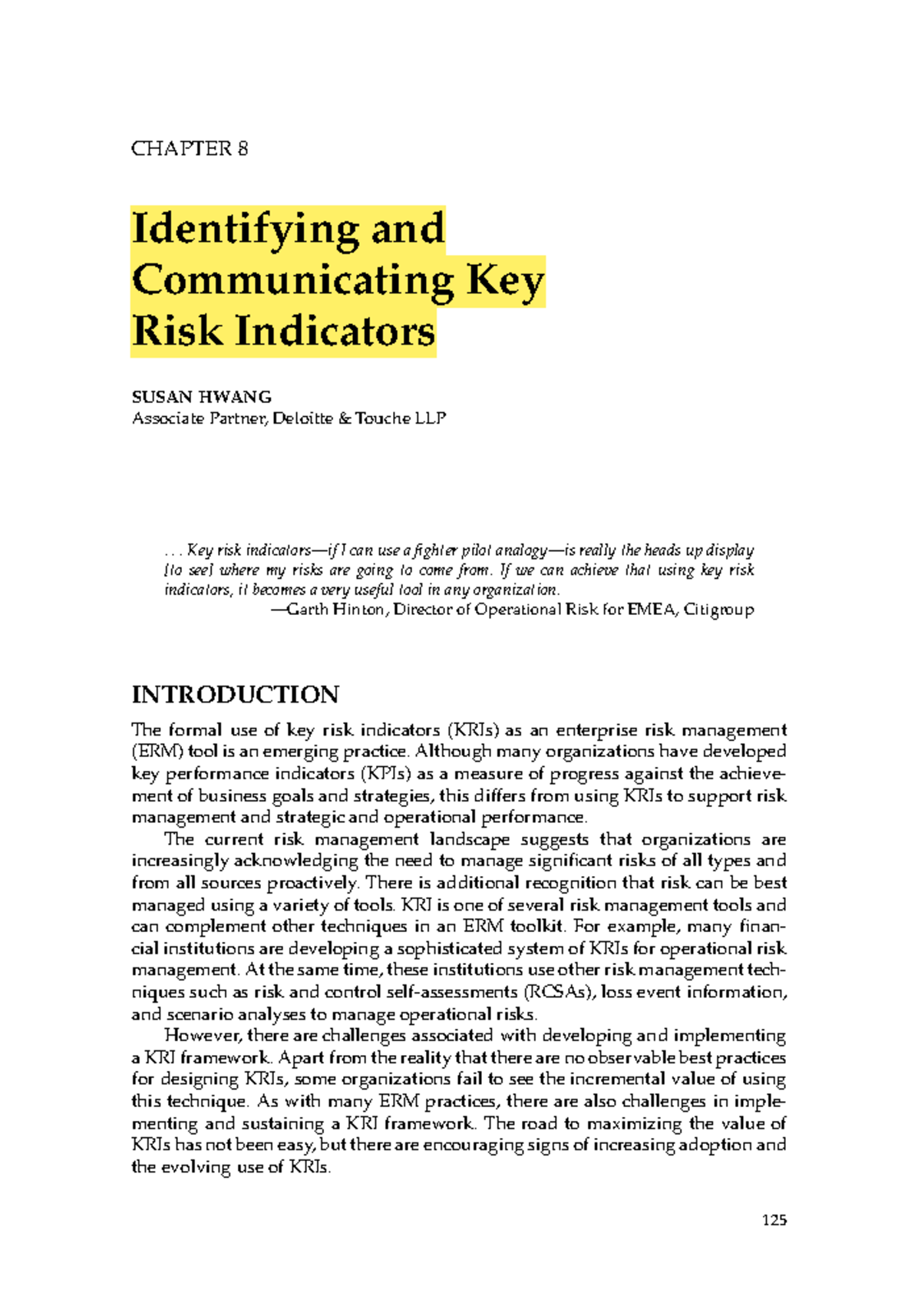 Chapter 8 - Identifying and Communicating Key Risk Indicators (ERM ...
