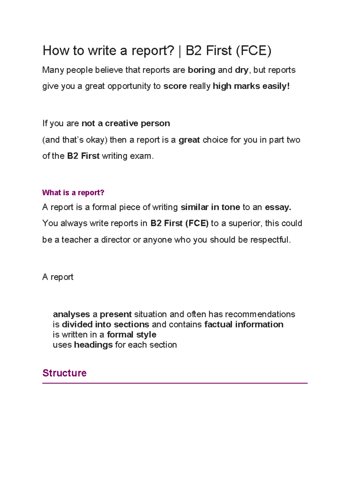 B2 First (FCE) Guide: Writing an Effective Report - Studocu