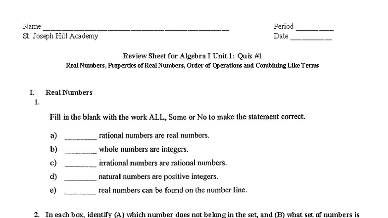 Quiz 1-1 The Real Numbers And Properties Answer Key