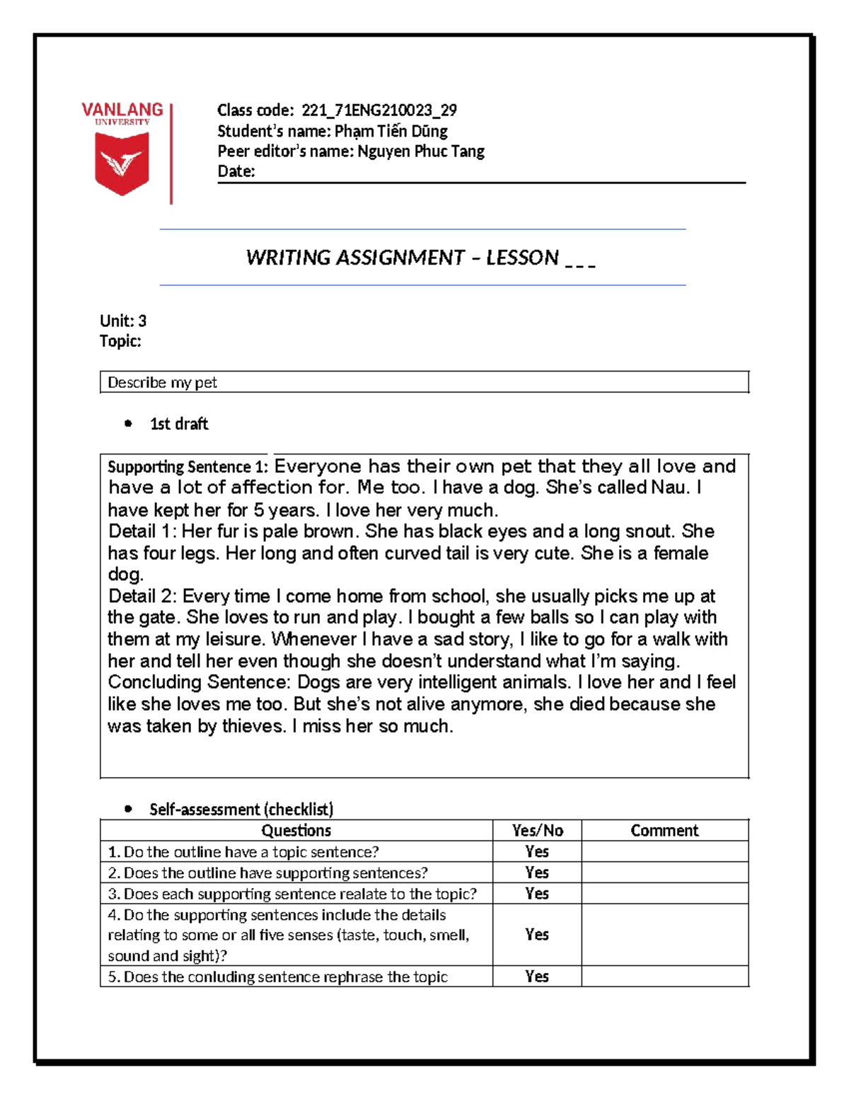 221_71ENG210023_29: Writing Assignment - Describe My Pet (1st Draft ...